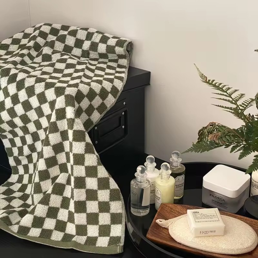 Vintage Ins Jacquard Checkered Long Pile Face Towel Wash Towel Household Bath Towel Absorbent Large Gift