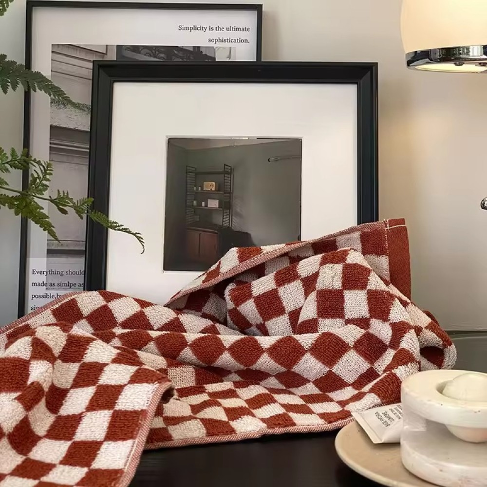 Vintage Ins Jacquard Checkered Long Pile Face Towel Wash Towel Household Bath Towel Absorbent Large Gift
